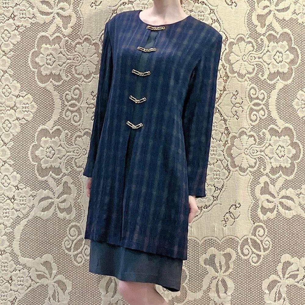 Vintage Women's Navy and Green Plaid Dress with Gold Chains & Layered Skirt